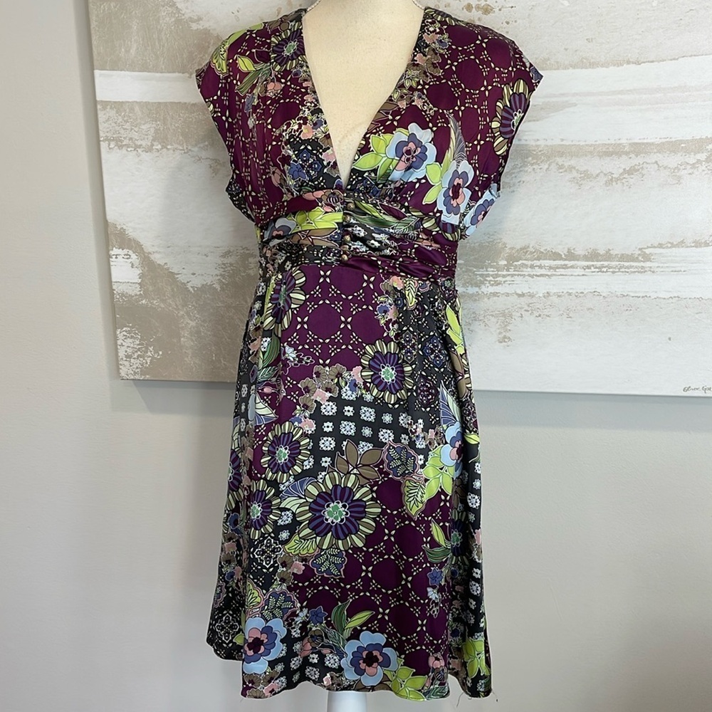 Single Dress Purple/Green Silky Printed Dress size Small